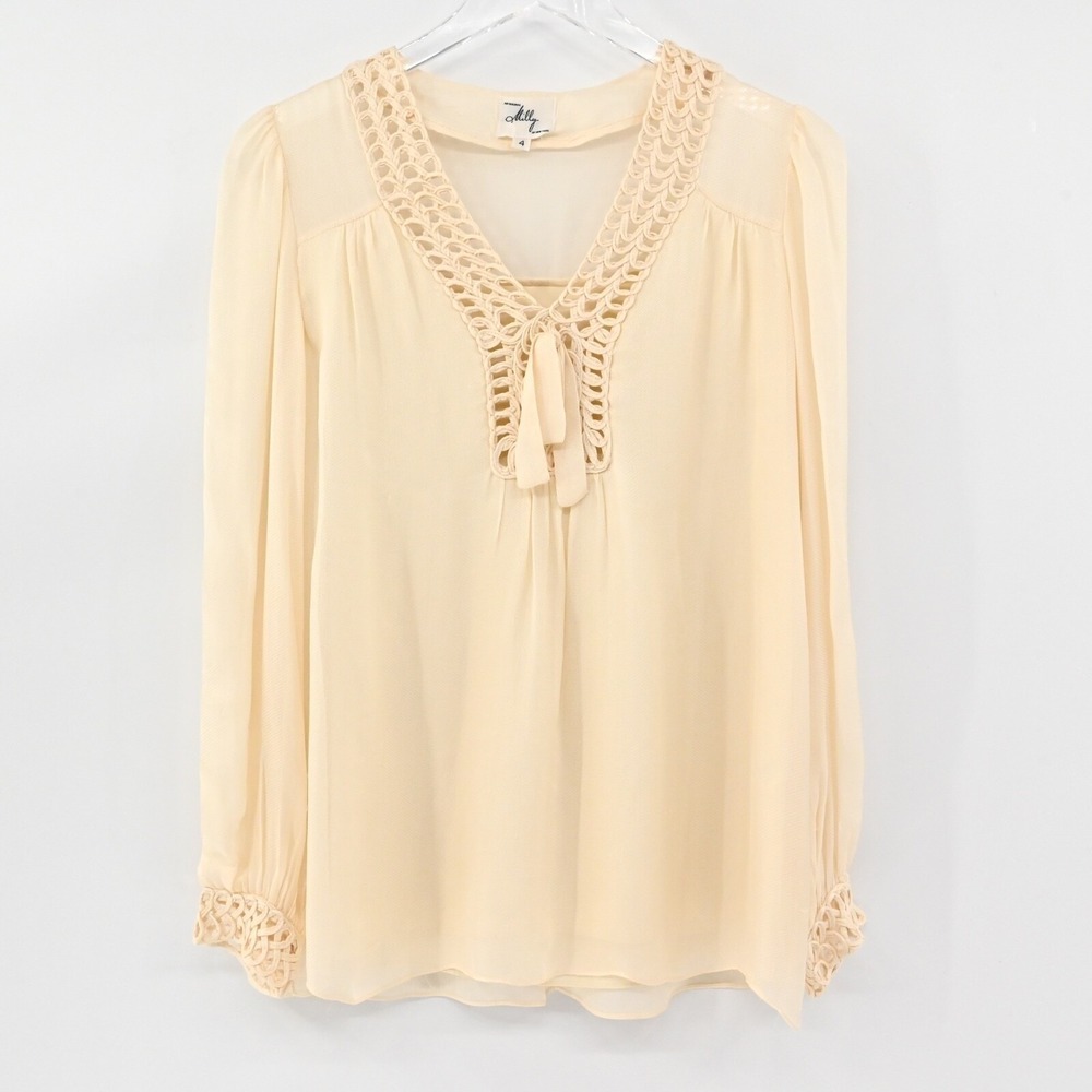 Vtg MILLY Top Womens Sz 4 Cream 100% Silk Eyelet V Neck Balloon Sleeve Retro USA